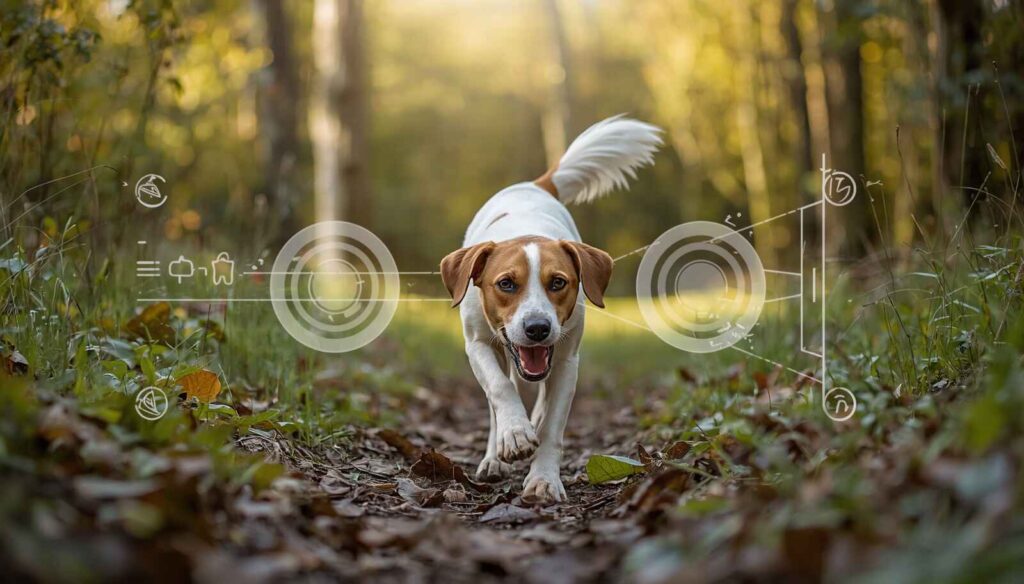 Dog using smell hearing and vision to navigate its surroundings
