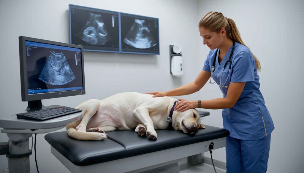 Veterinarian performing an ultrasound to confirm pregnancy in a pregnant Labrador Retriever