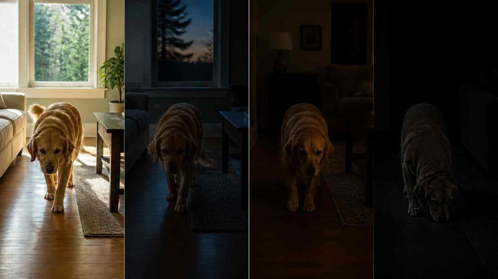 Comparison showing how Can Dogs See in the Dark changes from daylight to complete darkness, illustrating the limits of canine night vision.