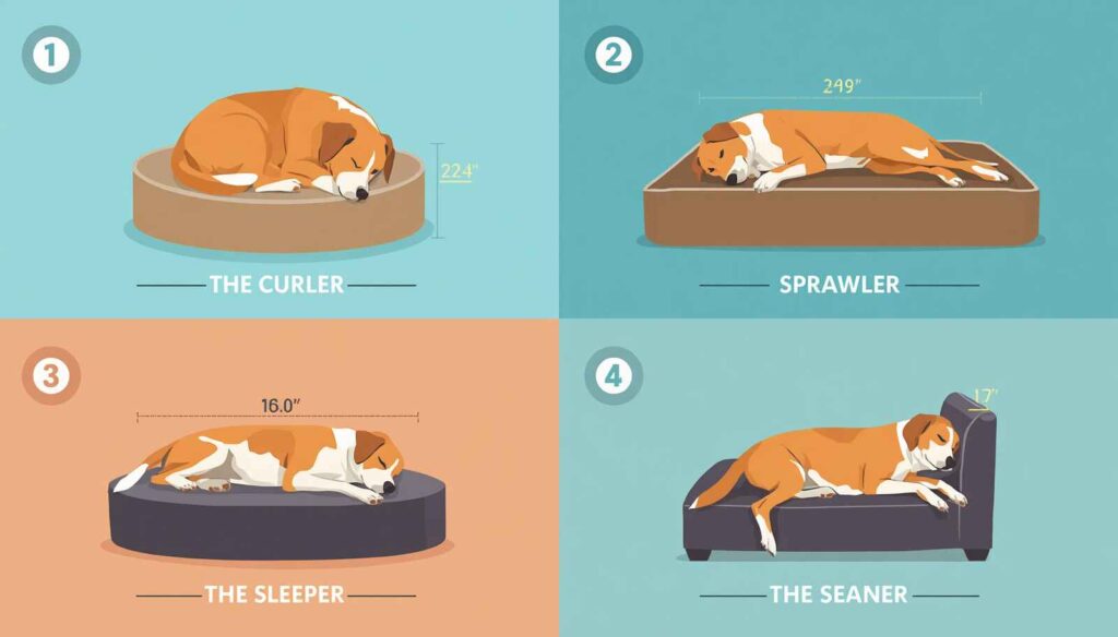 Different dog sleeping positions including curled up stretched out side sleeping and leaning