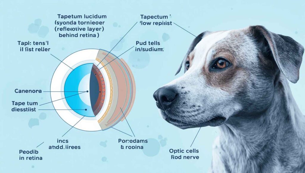 Educational diagram showing the anatomy of a dog's eye for night vision
