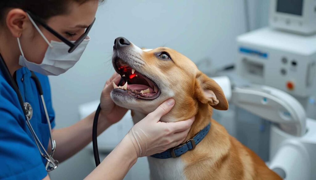 Veterinarian examining a dog's mouth, throat, and neck for signs of discomfort
