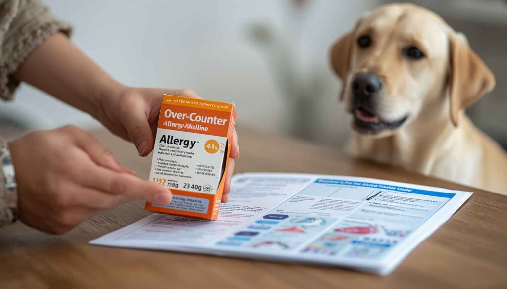 Dog owner carefully reading a Piriton medicine label to verify safe ingredients before use in dogs.