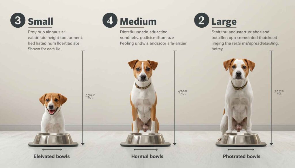 Dogs of different sizes standing beside elevated bowls adjusted to the correct feeding height
