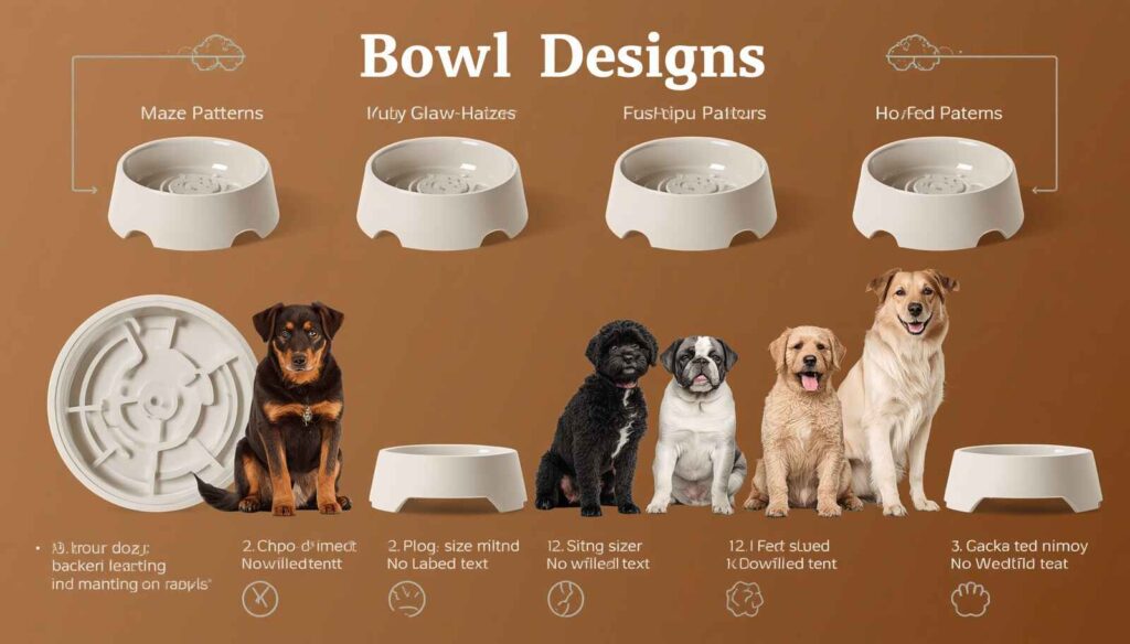 Different slow feeder bowl designs displayed with dogs of various sizes for comparison