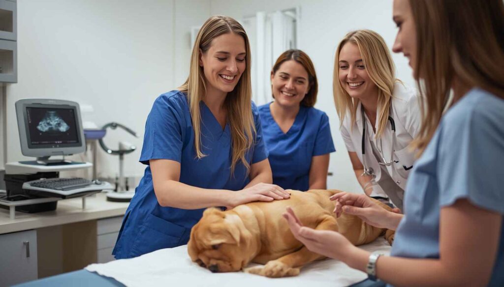 Veterinarian performing a pregnancy examination on a dog in a clinic