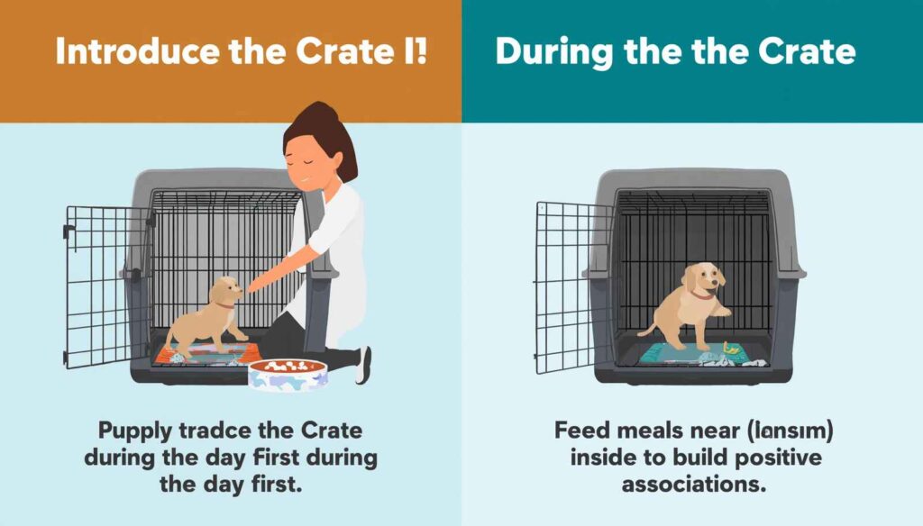 Puppy exploring a crate and eating meals near the crate during early training sessions