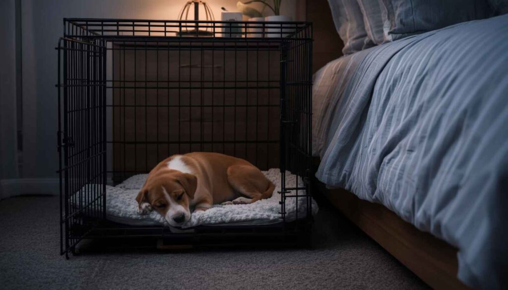Young puppy sleeping calmly in a crate beside its owner's bed at night