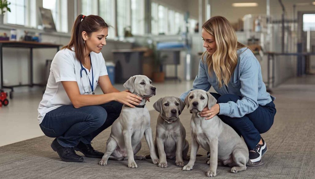 Responsible breeder introducing healthy Silver Labrador puppies to a prospective owner