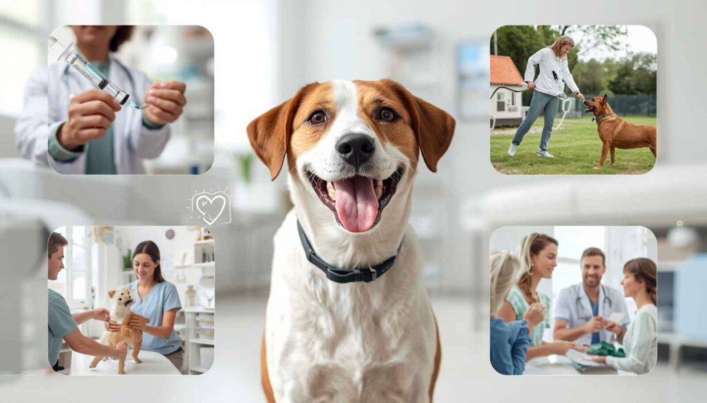 Healthy dog receiving preventive care including vaccinations and veterinary checkups