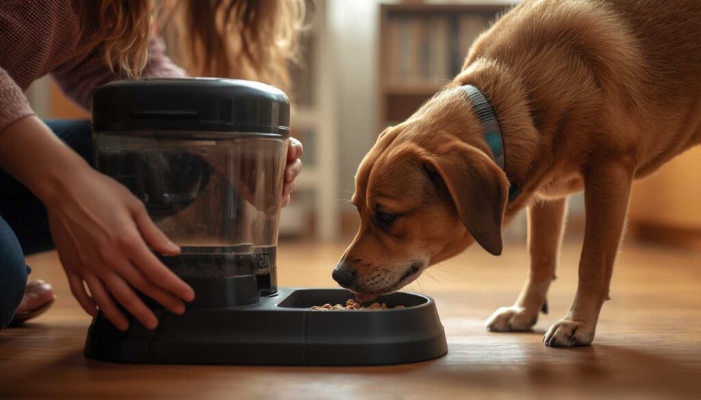 Dog gradually learning to use an automatic feeder with owner encouragement and positive reinforcement