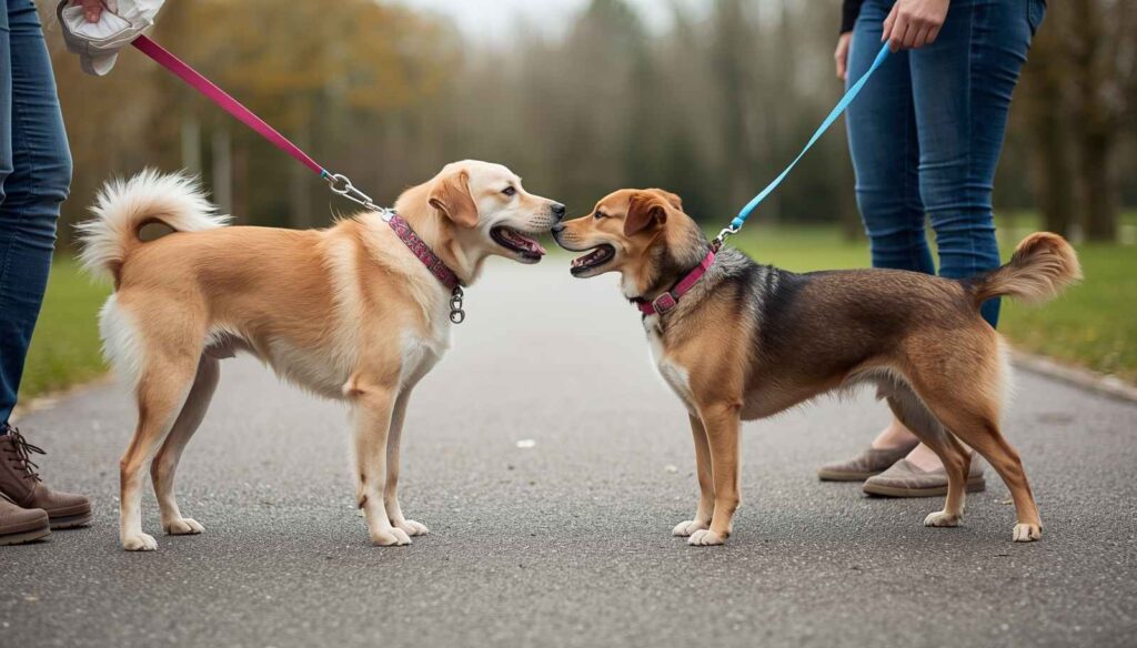 Dog owner introducing two dogs on separate leashes in a calm outdoor environment