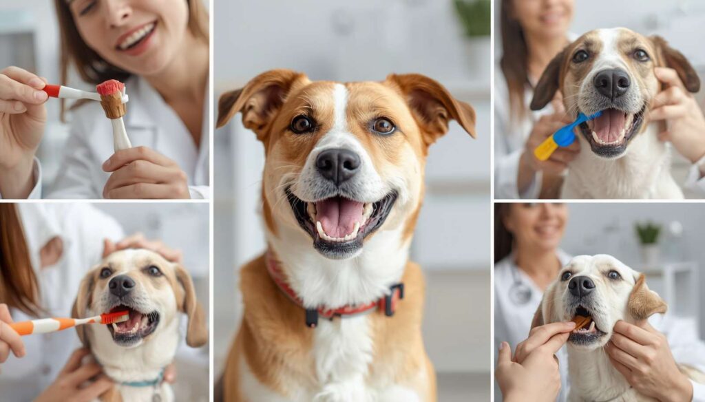 Dog receiving dental care including tooth brushing and dental chews