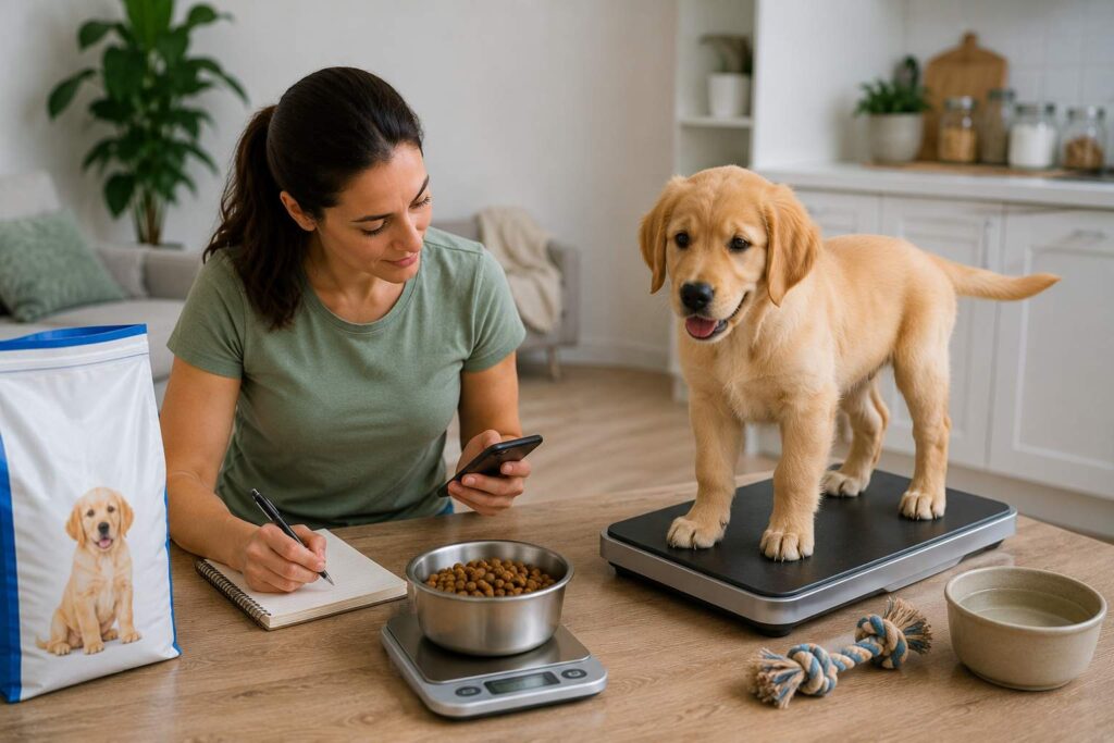 Owner weighing a growing puppy and reviewing its measured daily food portion