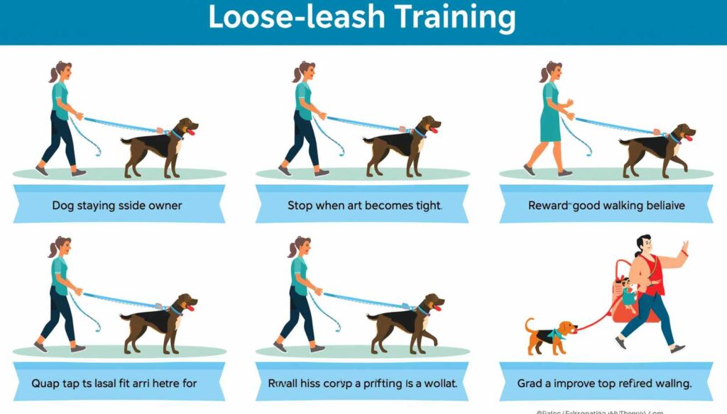 Dog leash training infographic showing loose-leash walking stopping and reward-based training techniques