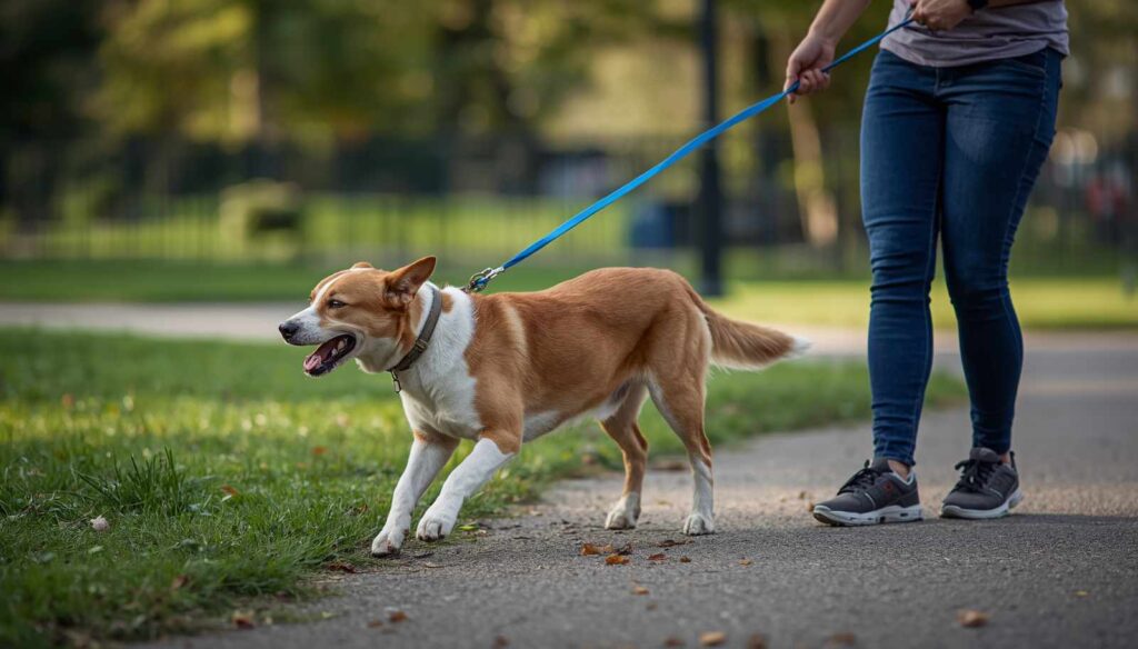 Dog walking calmly beside its owner on a loose leash during a training session