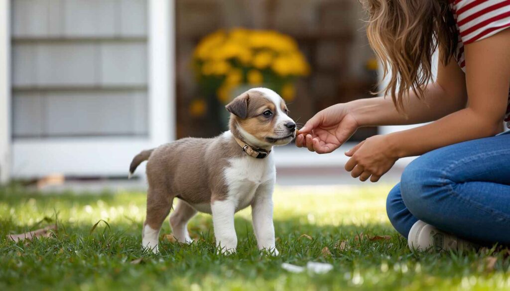 Young puppy successfully using an outdoor potty area while receiving praise from its owner