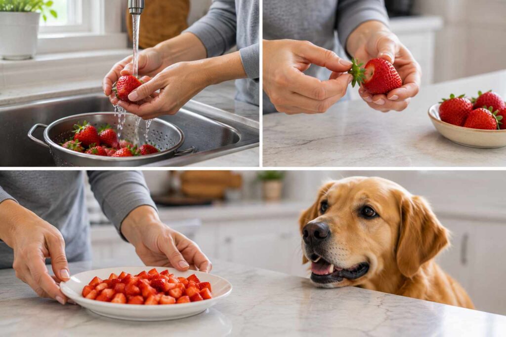 Washed strawberries with green tops removed and cut into small pieces for a dog