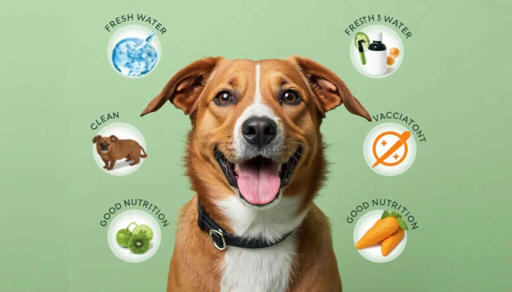 Healthy dog with fresh water vaccinations regular vet care and a clean living environment
