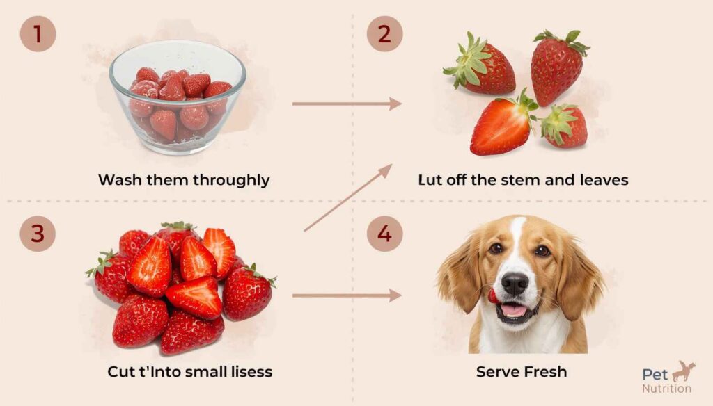 Step-by-step guide showing how to wash cut and prepare strawberries for dogs
