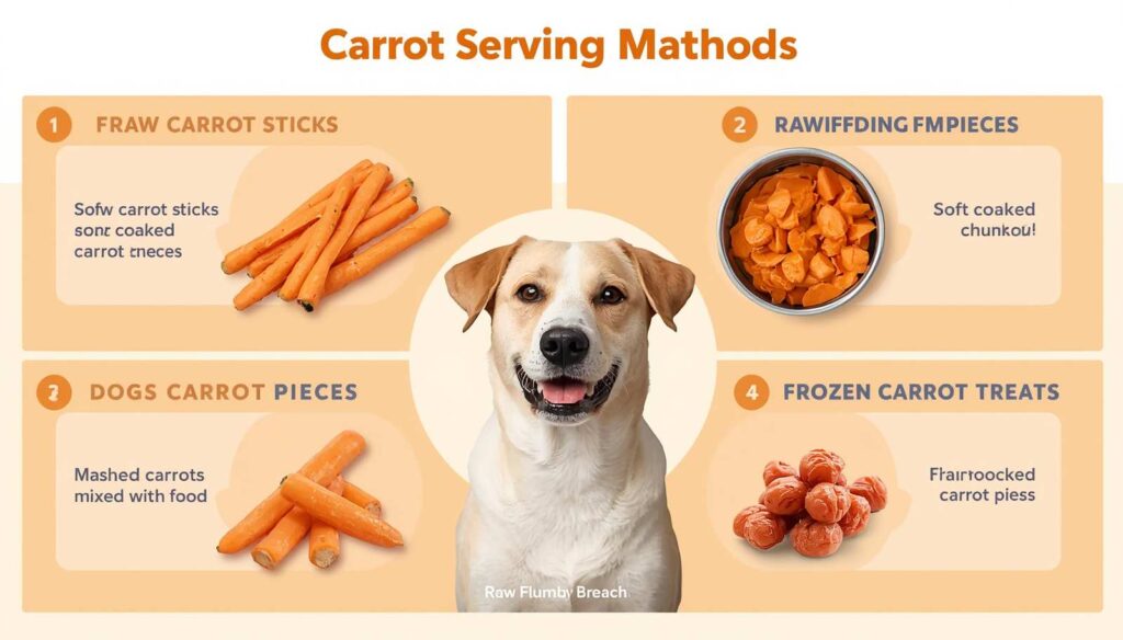 Four dog-friendly carrot serving ideas including raw cooked mashed and frozen carrots