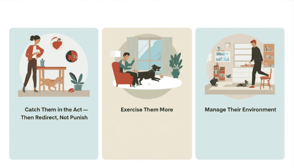 Dog training infographic showing redirection exercise and environmental management techniques