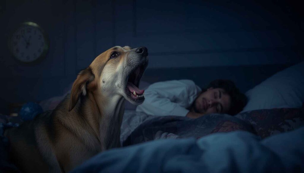 Dog barking during the night while its tired owner looks on with concern