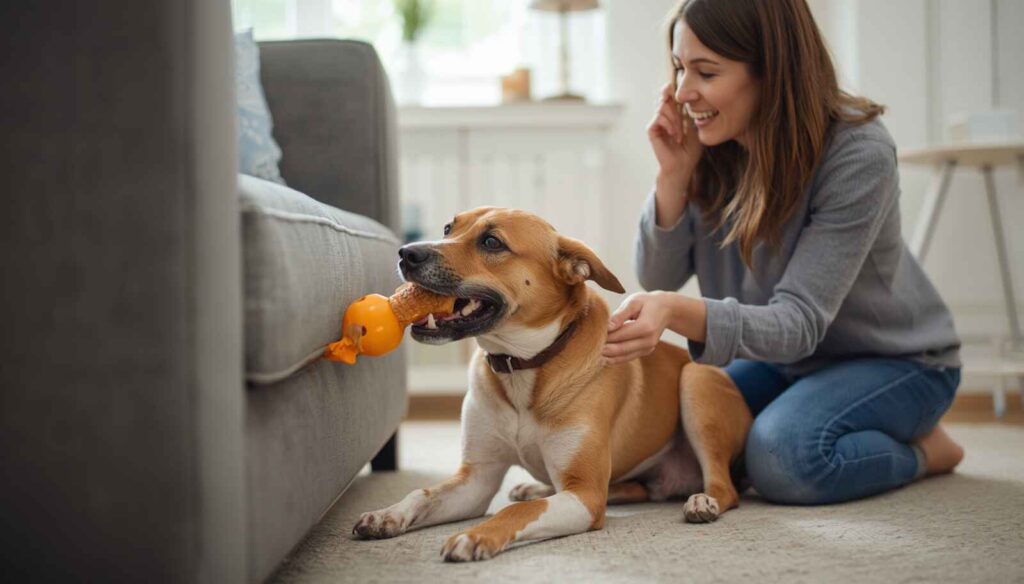 Dog owner redirecting a dog from chewing furniture to an approved chew toy