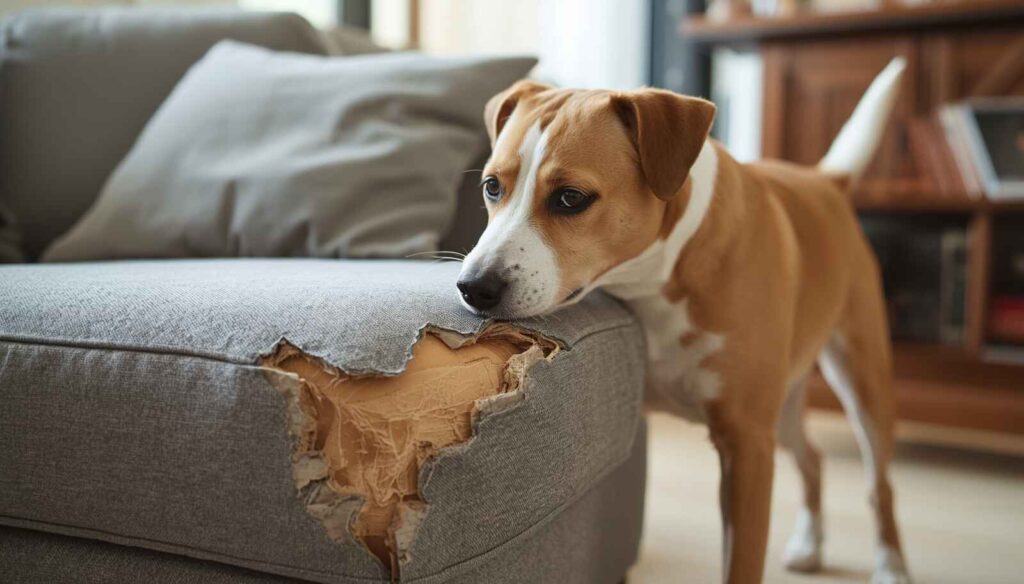 Dog chewing a safe chew toy instead of furniture in a living room