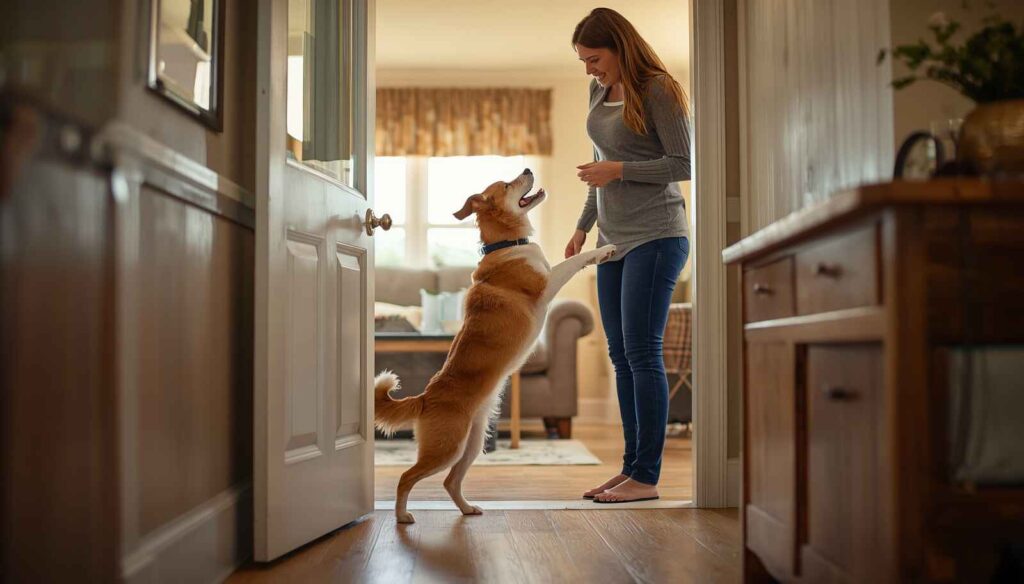 Excited dog greeting visitors at the front door while owner manages the interaction