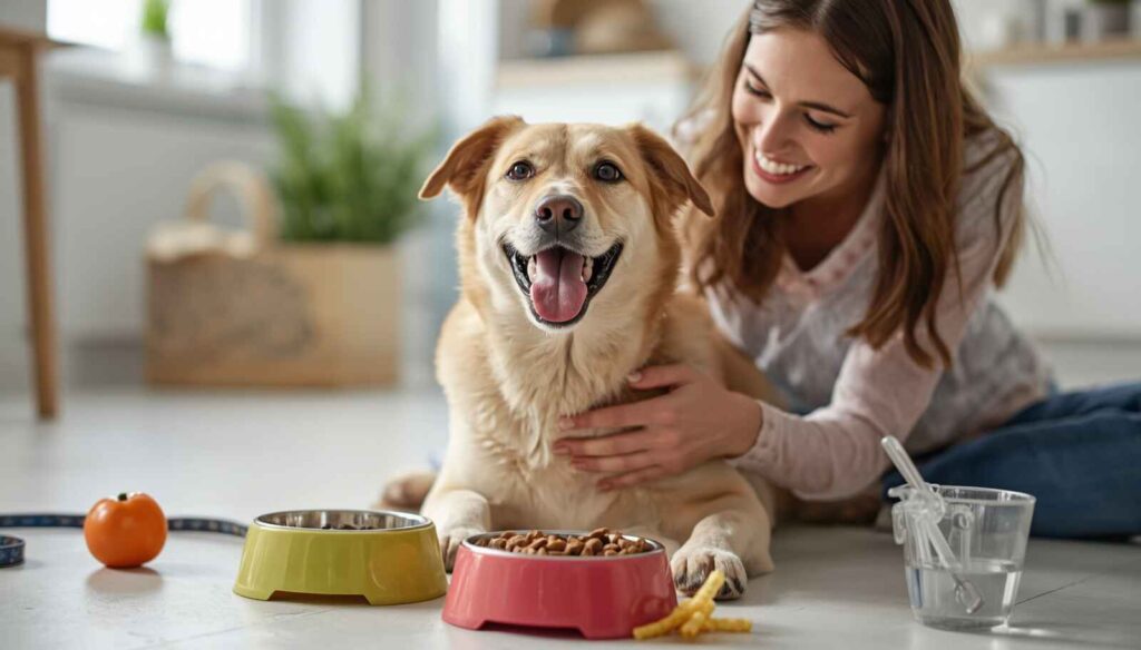 Healthy dog with balanced meals fresh water and a consistent feeding routine