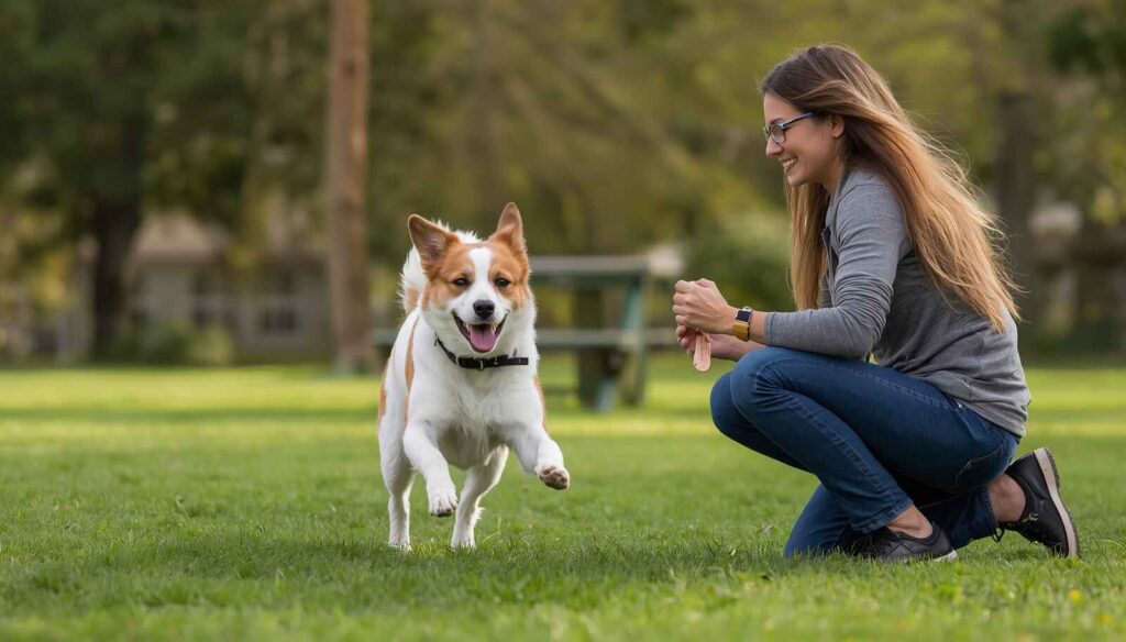 Happy dog running back to its owner after responding to a recall command