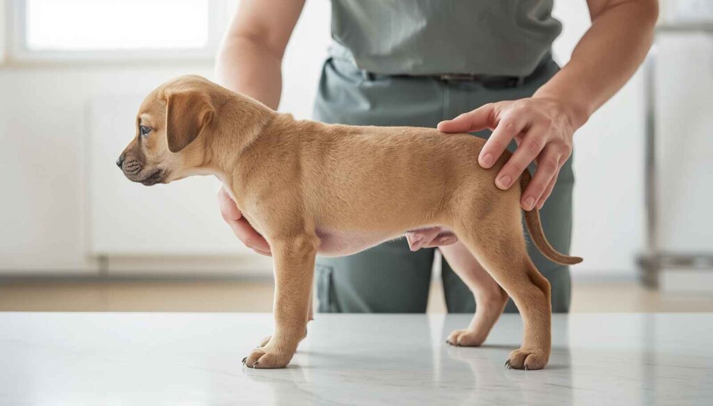 Dog owner checking a healthy puppy's body condition and weight