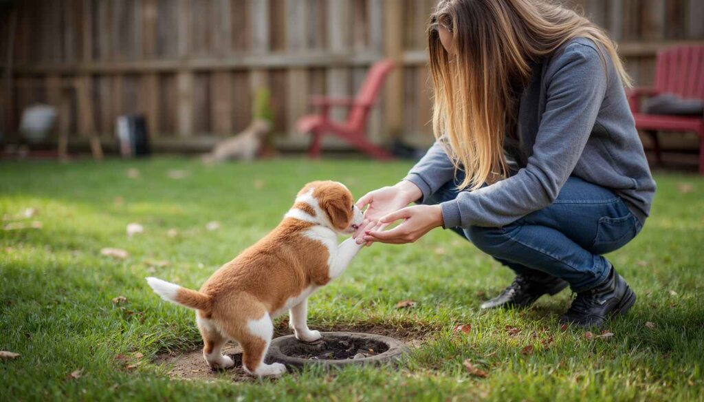 Young puppy successfully peeing in an outdoor potty area while receiving praise from its owner