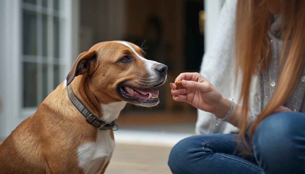 Dog owner teaching a stubborn dog to sit using treats and positive reinforcement
