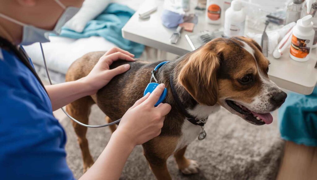 Veterinarian examining a dog with lice while discussing treatment options with the owner