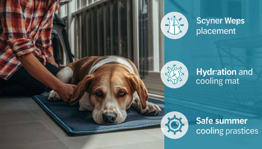 Dog owner placing a cooling mat in a shaded area while a dog rests comfortably nearby