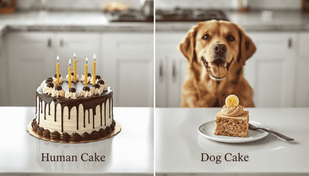 Human birthday cake compared with a dog-specific celebration cake for a healthy dog