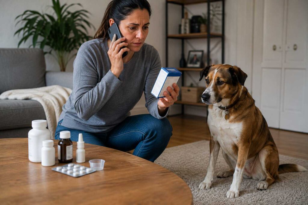 Owner keeping human cold medicine away from a dog while contacting a veterinarian