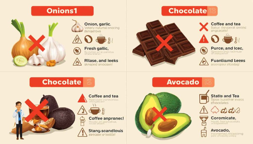 Warning infographic showing onions garlic leeks chocolate coffee tea and avocado as dangerous foods for dogs