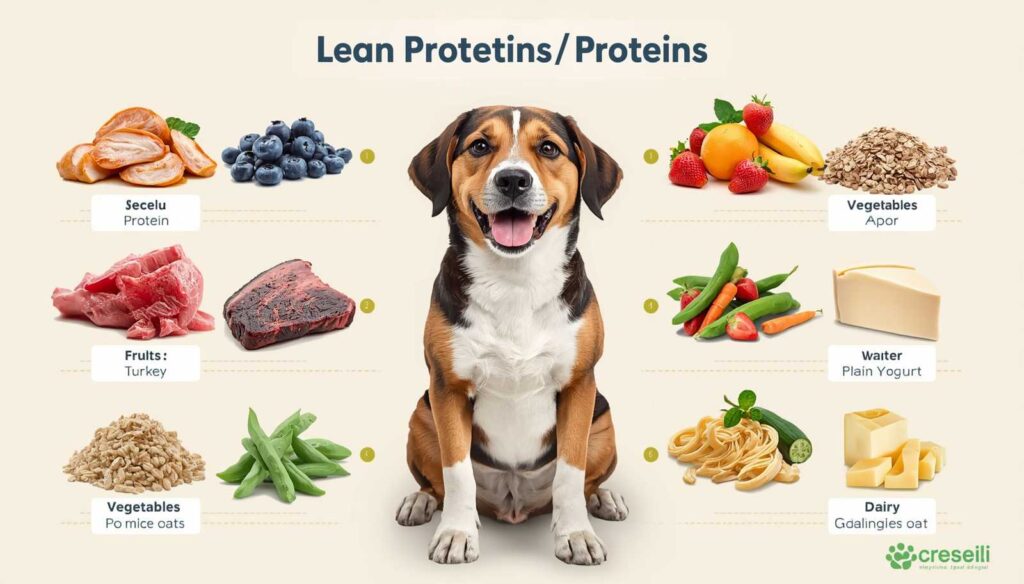Infographic showing safe human foods for dogs including lean meats fruits vegetables grains and dairy products