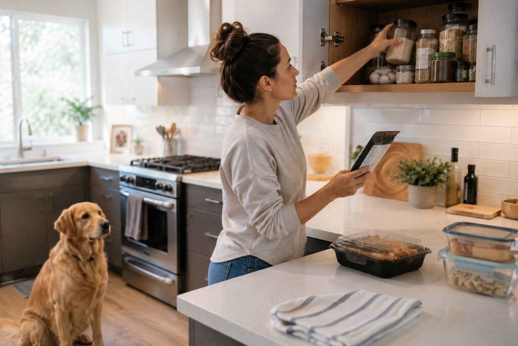 Dog owner storing garlic and seasonings safely out of reach while checking a food label.