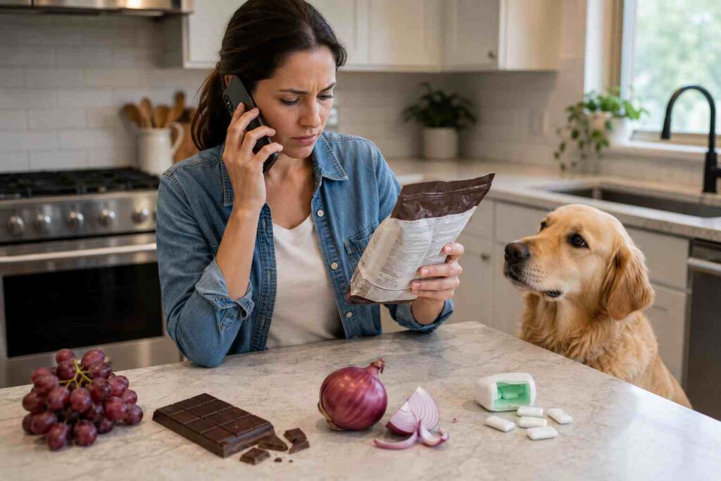 Concerned dog owner checking food packaging while calling a veterinarian after a possible toxic food exposure.