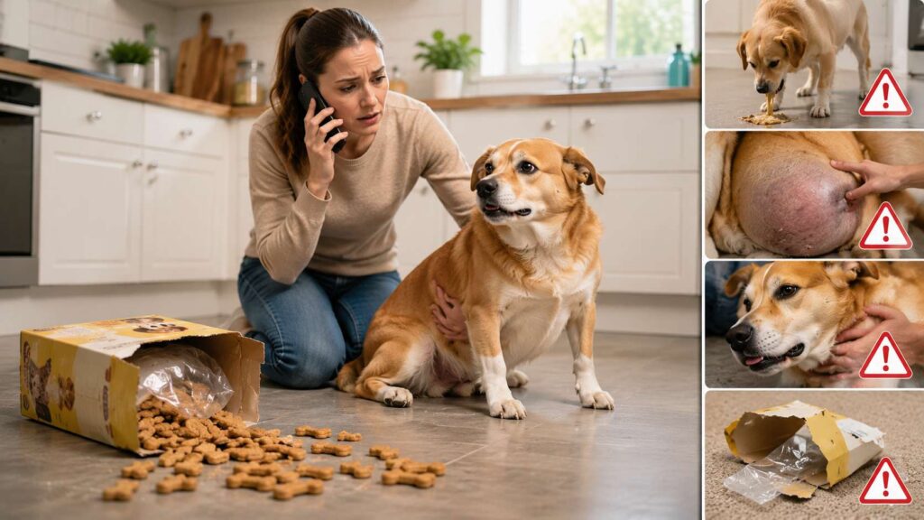 Worried dog owner calling a veterinarian after a dog ate too many Milk-Bone biscuits, showing warning signs and emergency symptoms to monitor.
