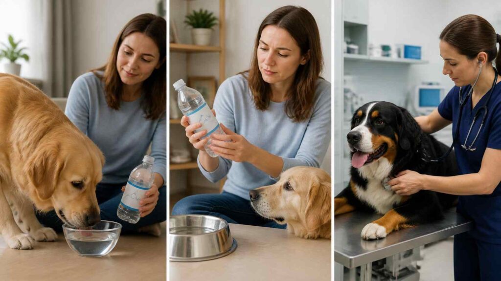 Dog owner monitoring a dog after drinking alkaline water while consulting a veterinarian