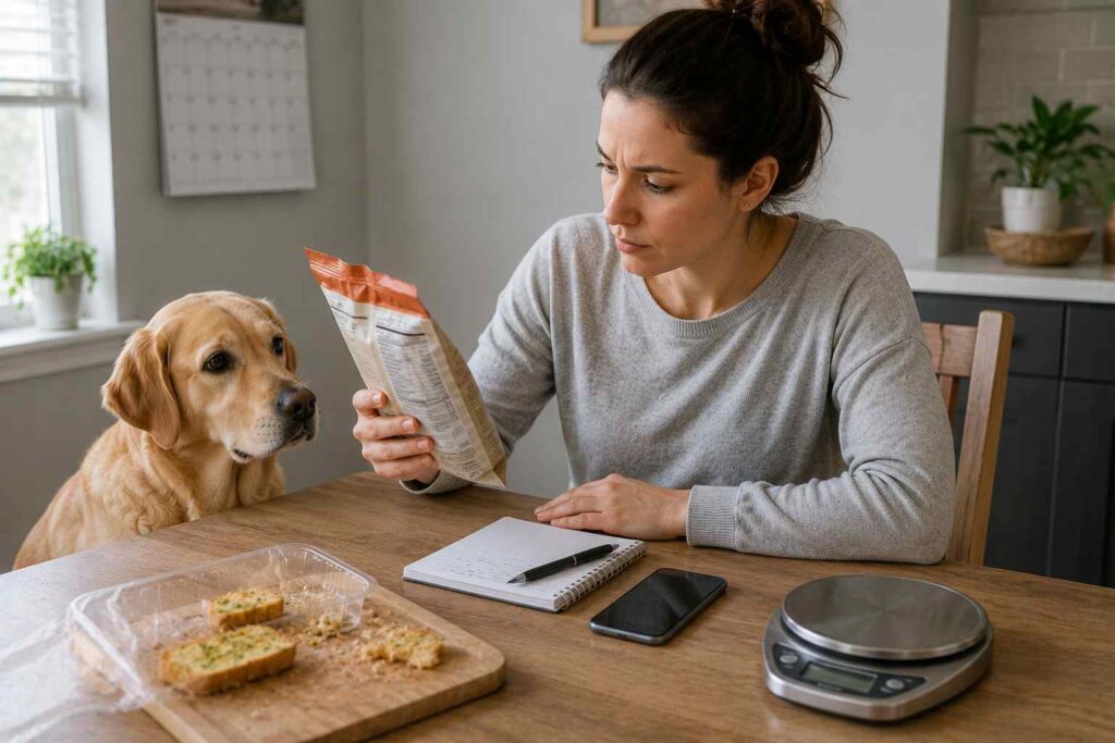 Dog owner gathering food packaging and exposure details before calling a veterinarian about possible garlic ingestion.