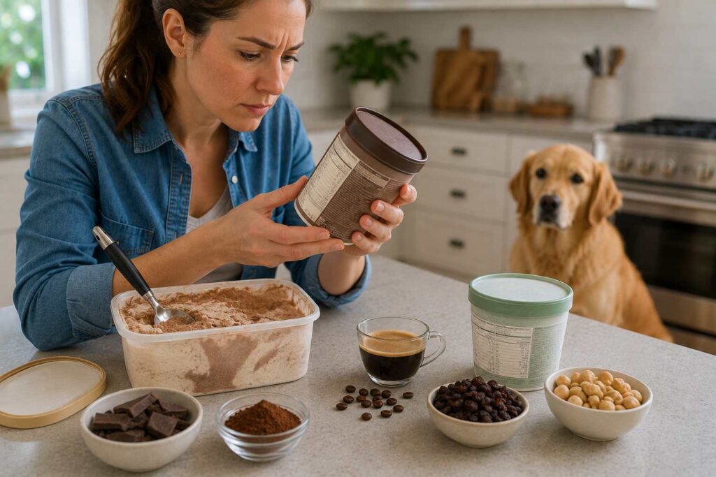 Ice cream surrounded by chocolate, coffee, raisins, macadamia nuts, and a sugar-free dessert package being checked by a dog owner.