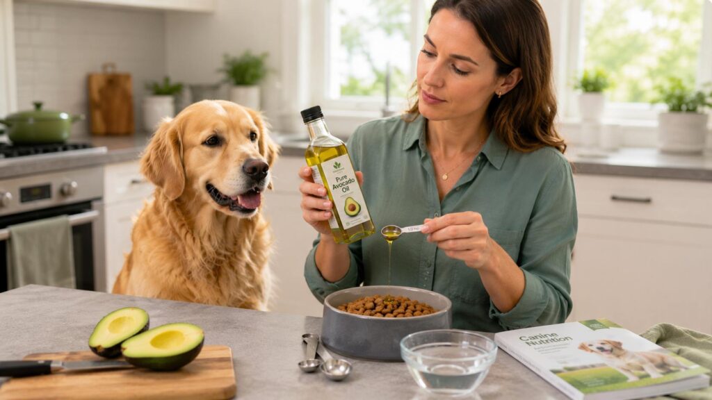Healthy Golden Retriever sitting beside balanced dog food while the owner carefully measures pure avocado oil under responsible feeding guidance.