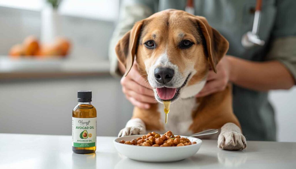 Healthy dog eating a meal with a small amount of avocado oil added by its owner