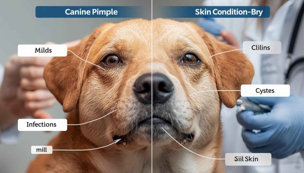 Comparison between a mild dog pimple and more serious skin conditions requiring veterinary attention